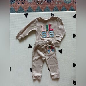Small shop|Baby girl matching sweater and jogger set,Beige 'Lil Sis' embroidery•